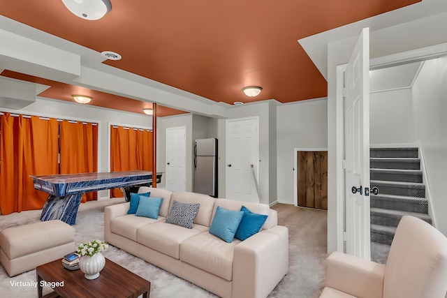 living room featuring baseboards, stairs, pool table, and light carpet