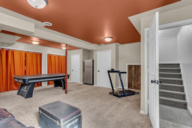 playroom featuring carpet flooring and baseboards