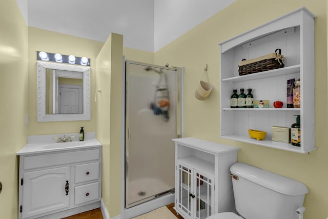 bathroom featuring vanity, toilet, and a stall shower