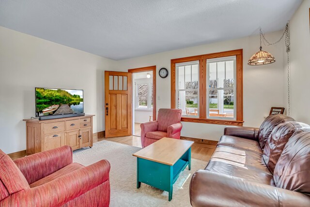 living area with light wood-style floors and baseboards