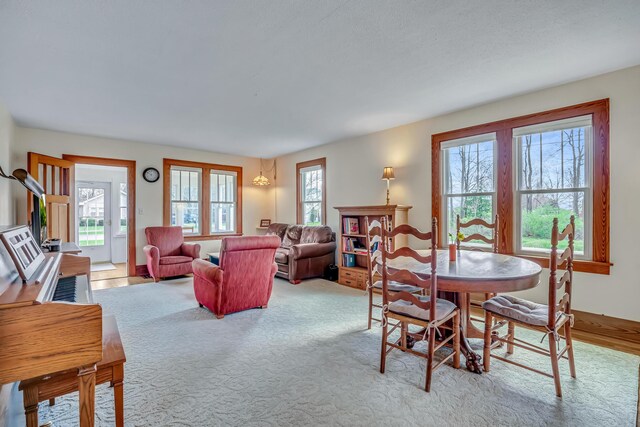 dining room with light colored carpet