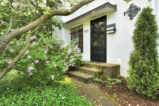 entrance to property with stucco siding