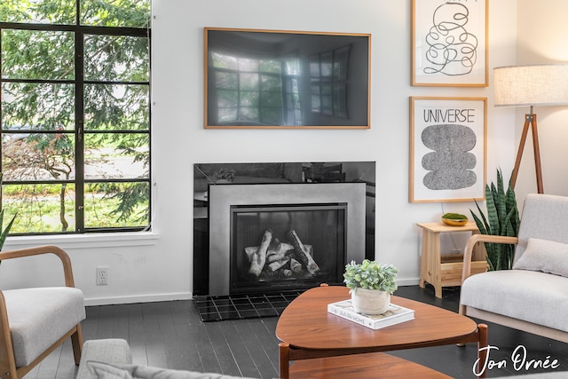 living room with baseboards, a fireplace, and dark wood-type flooring