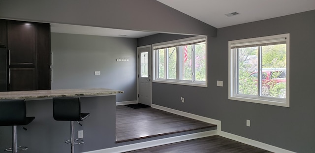 kitchen featuring light stone countertops, baseboards, lofted ceiling, dark wood-type flooring, and visible vents