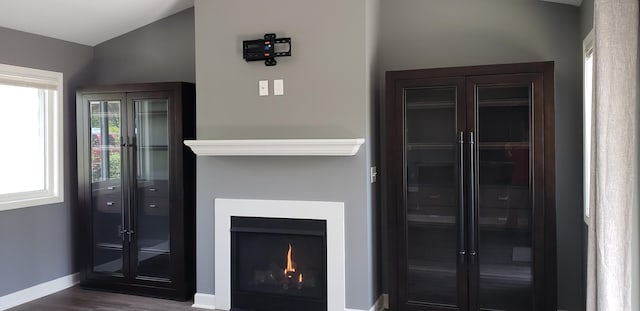 interior space featuring baseboards, vaulted ceiling, and dark wood-type flooring
