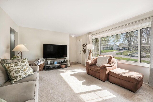 living area with carpet floors and baseboards