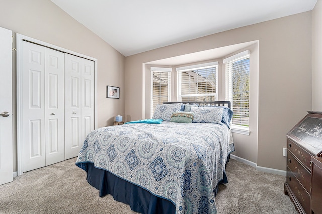 bedroom featuring multiple windows, light carpet, and a closet