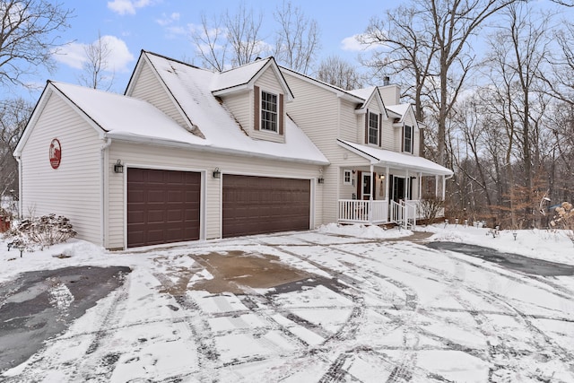 cape cod house with covered porch, a chimney, and an attached garage