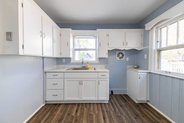 kitchen featuring dark wood-type flooring, a sink, white cabinetry, and light countertops