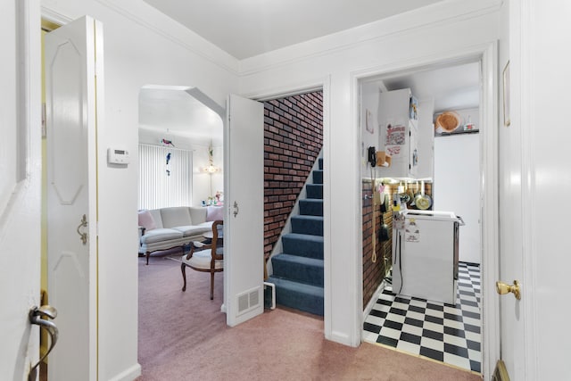 11718 Wayburn St, Detroit, MI 48224 - entryway featuring carpet floors, stairway, and ornamental molding