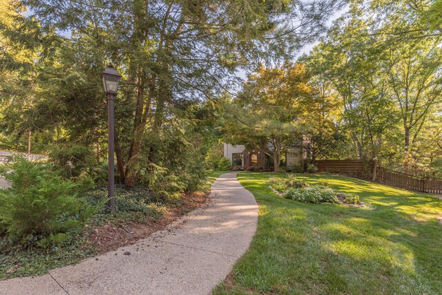 view of home's community featuring a lawn and fence