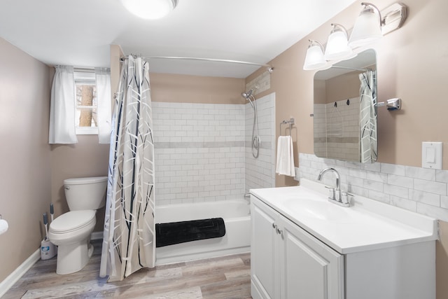 full bath featuring toilet, wood finished floors, shower / bath combination with curtain, and backsplash