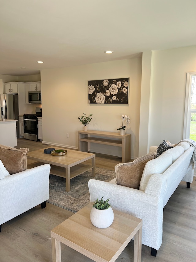living area featuring recessed lighting, baseboards, and wood finished floors