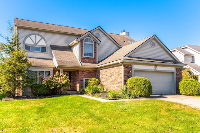 6360 Robison Ln, Saline, MI 48176 - view of front of home with a front yard, brick siding, concrete driveway, an attached garage, and a shingled roof