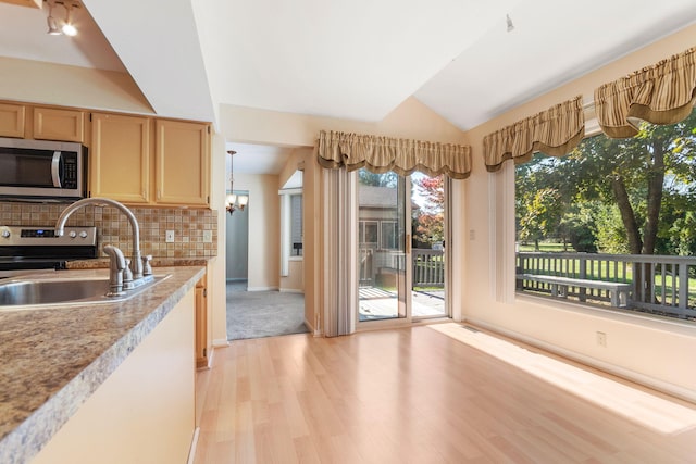 6360 Robison Ln, Saline, MI 48176 - kitchen with light countertops, stainless steel microwave, a sink, light wood-style flooring, and vaulted ceiling