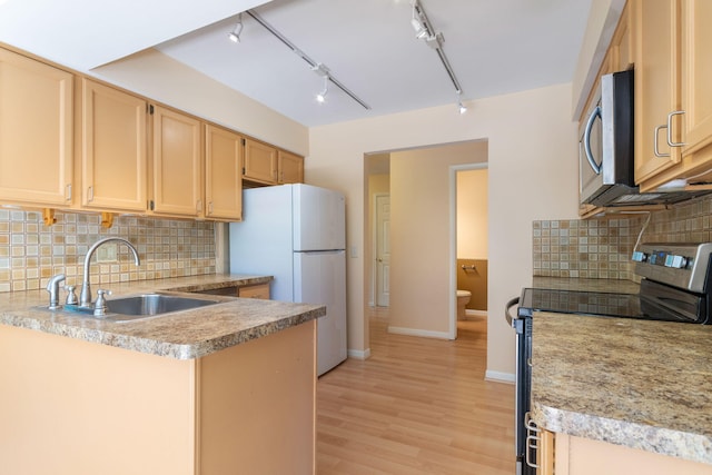 6360 Robison Ln, Saline, MI 48176 - kitchen with light wood-type flooring, a sink, light countertops, light brown cabinets, and stainless steel appliances