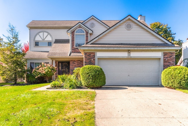6360 Robison Ln, Saline, MI 48176 - traditional home featuring a garage, concrete driveway, a front lawn, and brick siding