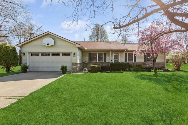 ranch-style house with concrete driveway, roof with shingles, an attached garage, and a front yard