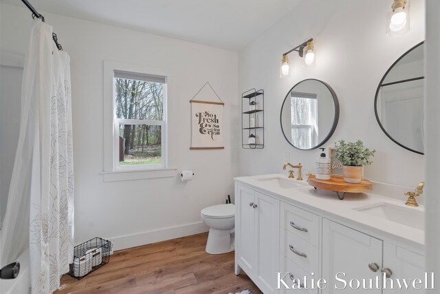 full bath with double vanity, a sink, wood finished floors, and toilet