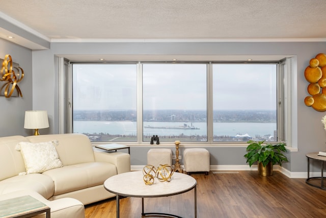 living room with a water view, a textured ceiling, and wood finished floors