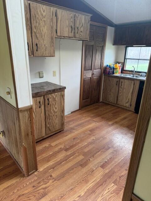 6201 N Lakeshore Rd, Deckerville, MI 48427 - kitchen with vaulted ceiling, dark countertops, a sink, and light wood-type flooring