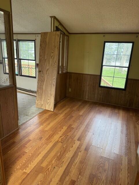 6201 N Lakeshore Rd, Deckerville, MI 48427 - spare room featuring a textured ceiling, light wood finished floors, a wainscoted wall, wooden walls, and baseboard heating