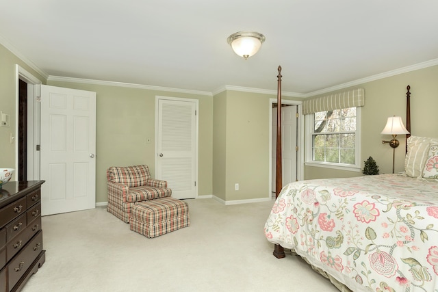bedroom with crown molding, baseboards, and light carpet