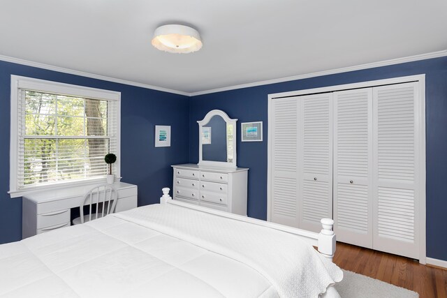 bedroom featuring crown molding, a closet, and wood finished floors