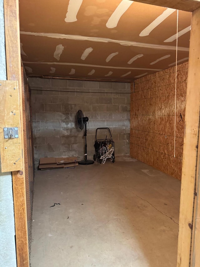 unfinished below grade area featuring concrete block wall
