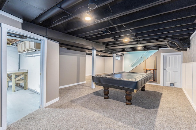 recreation room with carpet flooring, pool table, and baseboards