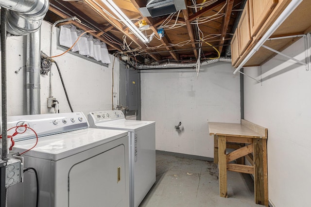 laundry room with cabinet space, separate washer and dryer, and electric panel