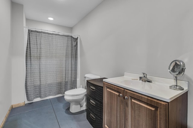 bathroom featuring vanity, tile patterned floors, curtained shower, and toilet