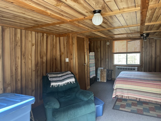 bedroom with carpet flooring, an AC wall unit, wood walls, and wooden ceiling