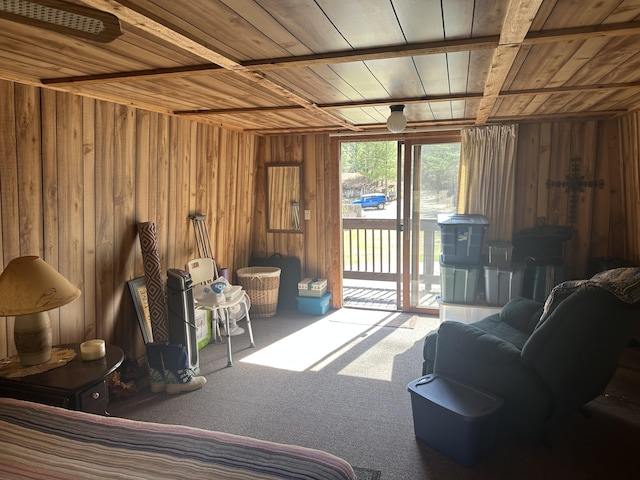 interior space with access to outside, wooden walls, and wooden ceiling