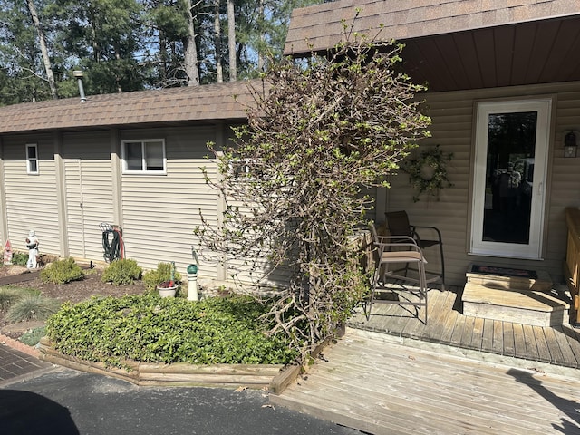view of home's exterior with a shingled roof and a deck