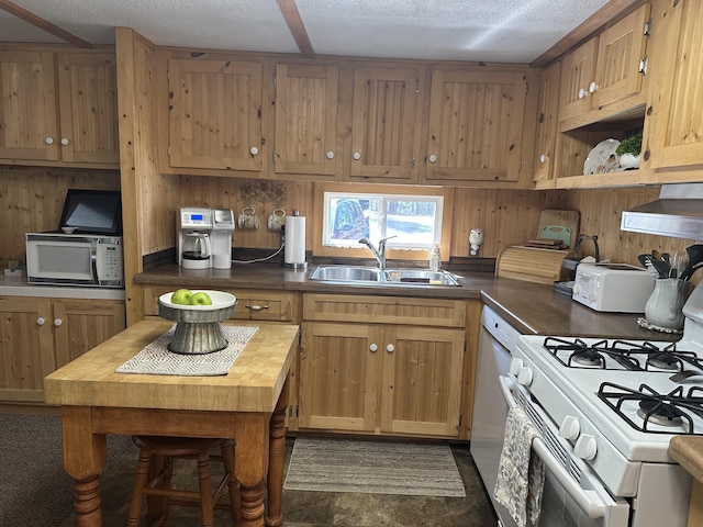 kitchen featuring open shelves, white appliances, extractor fan, a sink, and wood counters