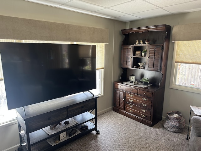 interior space with baseboards and light carpet