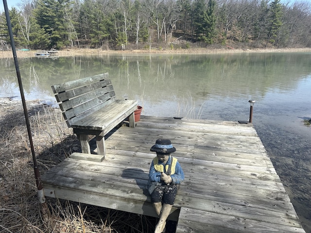 view of dock with a water view and a forest view