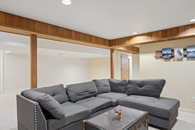 living area with carpet floors, recessed lighting, and baseboards