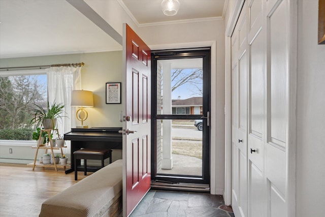entryway with crown molding, baseboards, and a wealth of natural light