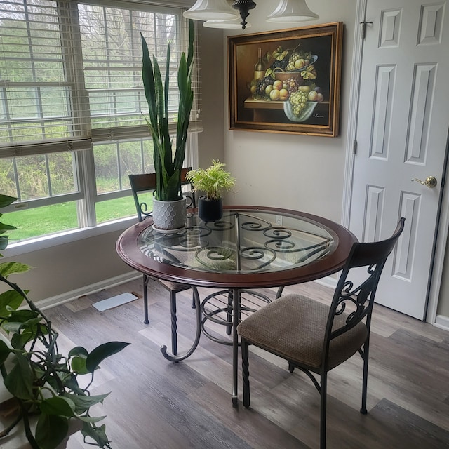 dining room featuring a wealth of natural light, baseboards, and wood finished floors