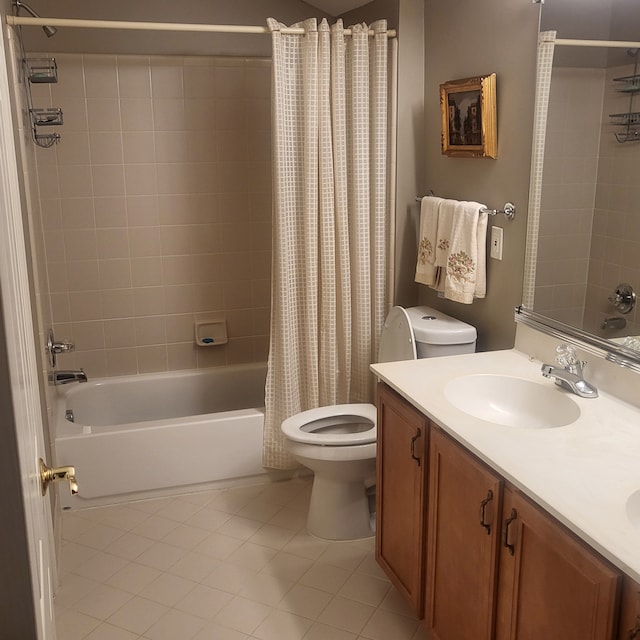 bathroom with toilet, shower / bath combination with curtain, a sink, tile patterned floors, and double vanity