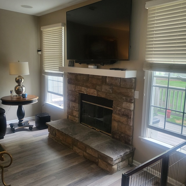 interior space with baseboards, a stone fireplace, plenty of natural light, and wood finished floors