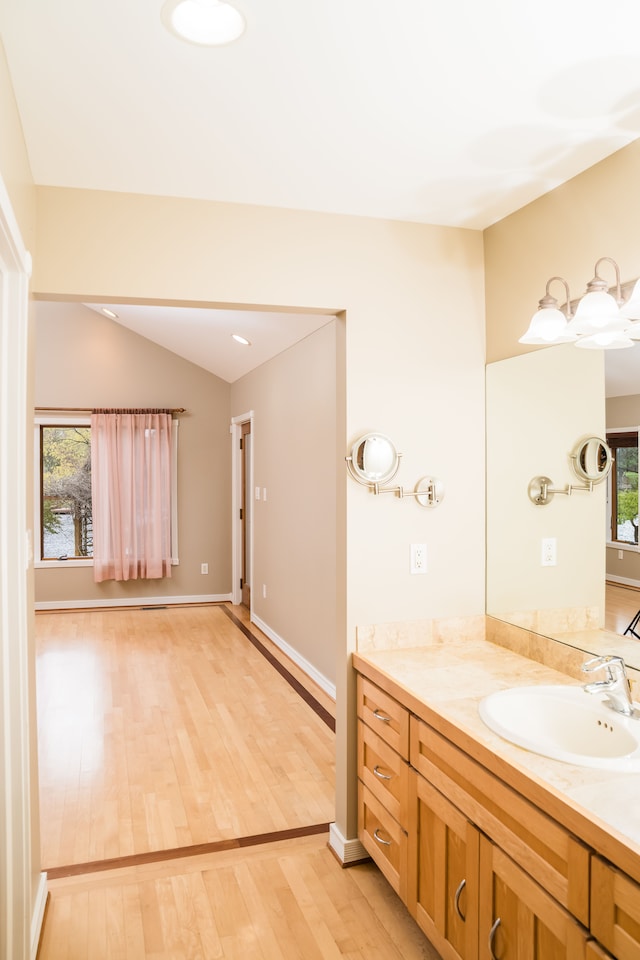 1151 Abseguami Trl, Lake Orion, MI 48362 - bathroom featuring wood finished floors, vaulted ceiling, vanity, and baseboards