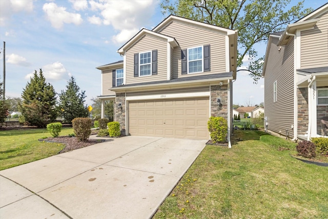 13943 Breakfast Dr, Redford, MI 48239 - traditional-style house with concrete driveway, an attached garage, a front lawn, and stone siding
