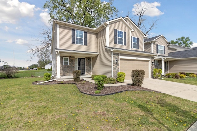 13943 Breakfast Dr, Redford, MI 48239 - view of front of house with covered porch, an attached garage, concrete driveway, stone siding, and a front lawn