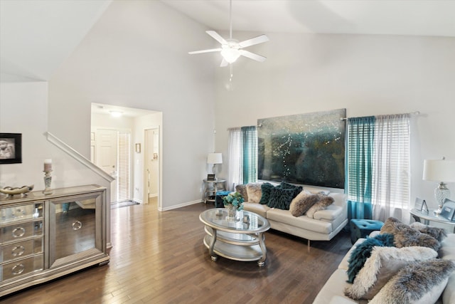 13943 Breakfast Dr, Redford, MI 48239 - living area featuring wood finished floors, baseboards, ceiling fan, and high vaulted ceiling