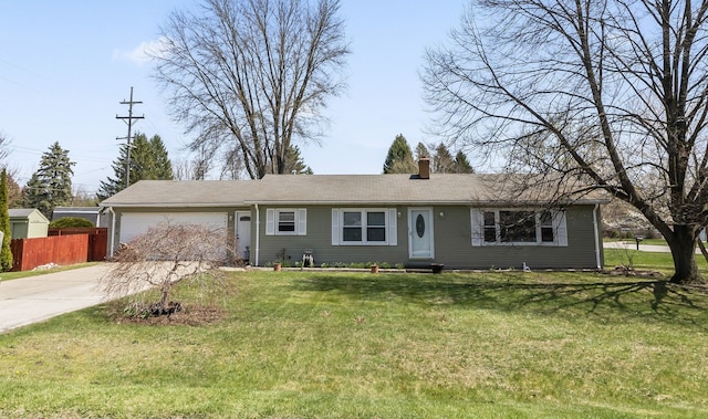 single story home with an attached garage, concrete driveway, a chimney, and entry steps