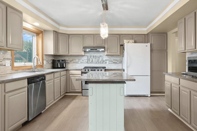 kitchen featuring a kitchen island, appliances with stainless steel finishes, a sink, under cabinet range hood, and light wood-style flooring