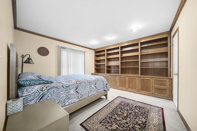 bedroom featuring baseboards, light carpet, and ornamental molding